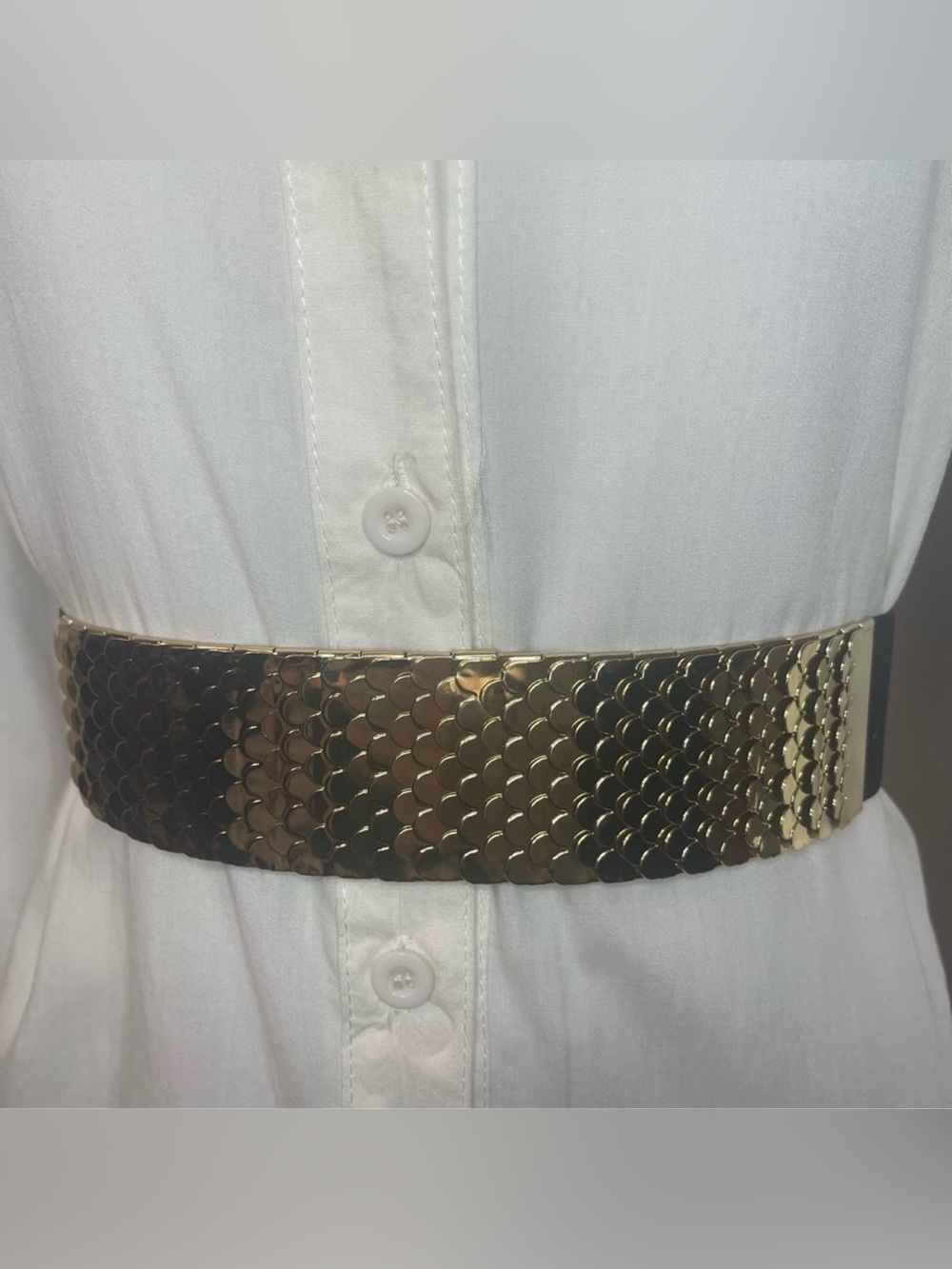 Gold tone metallic fish scale elastic waistband skinny belt